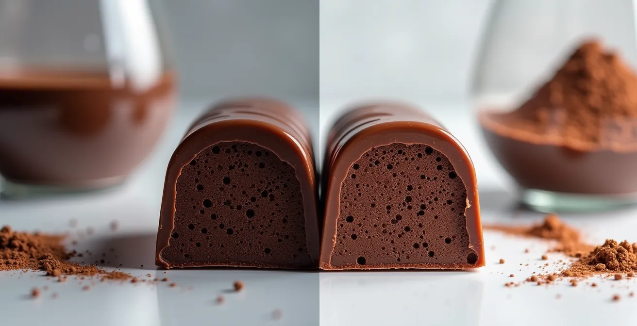 Microscopic view comparing Forastero and Criollo ganache emulsion structures