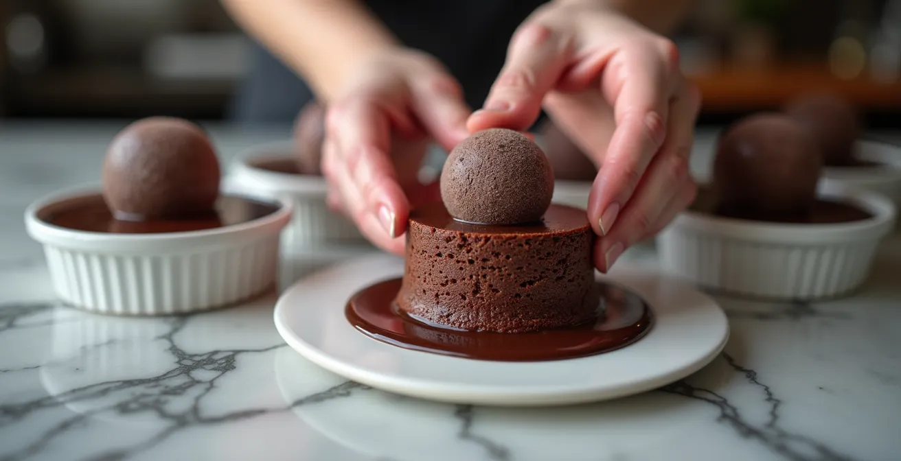 Hands placing a frozen ganache sphere into chocolate cake batter in a ramekin, showing the professional technique for guaranteed molten center