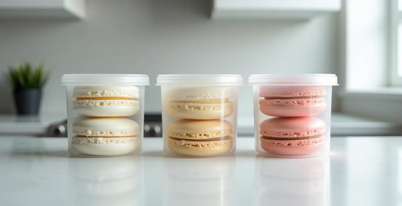 Time-lapse stages of proper macaron thawing process preventing condensation
