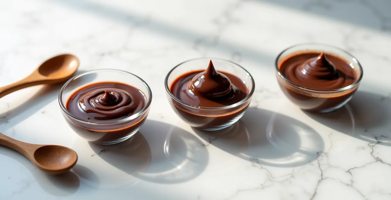 Close-up comparison of different chocolate ganache consistencies showing texture variations from firm to fluid