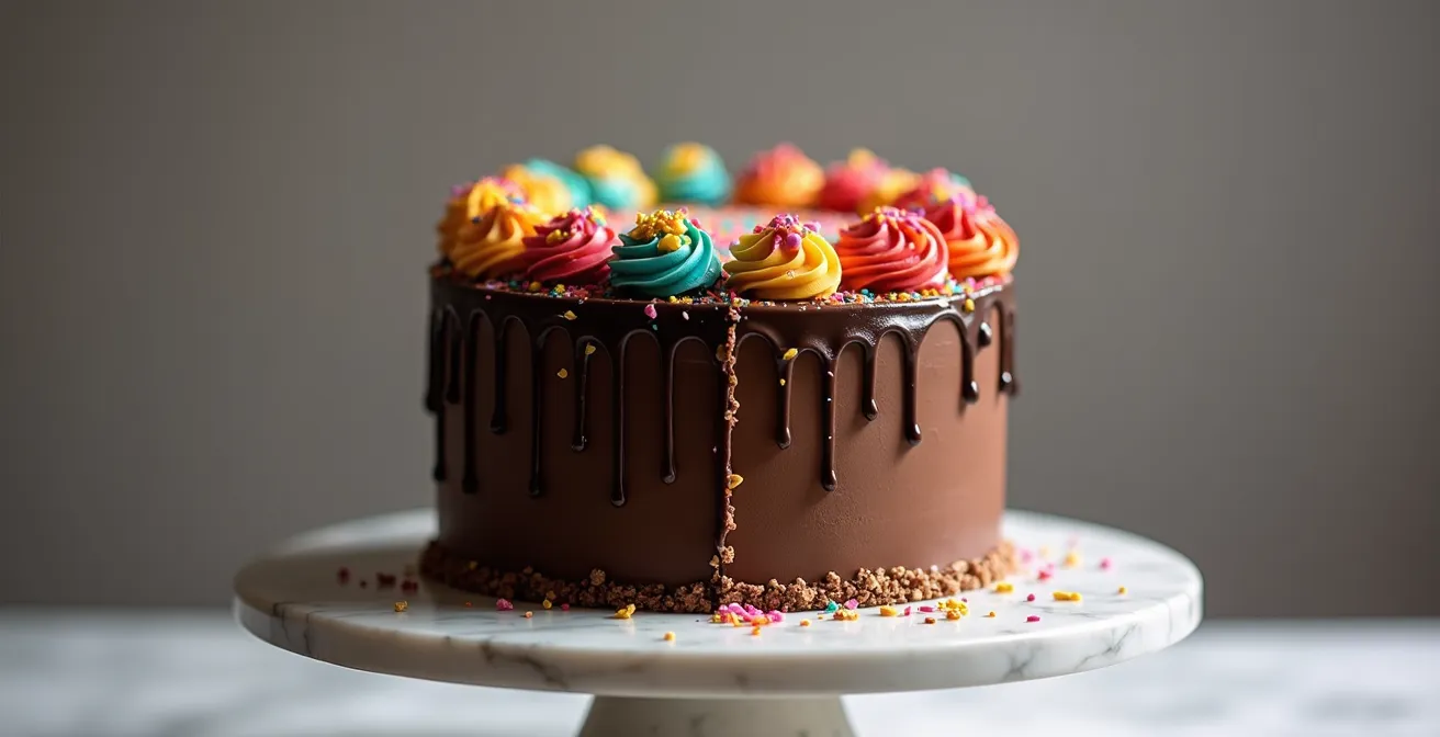 Chocolate cake with contrasting decoration styles showing playful and elegant halves