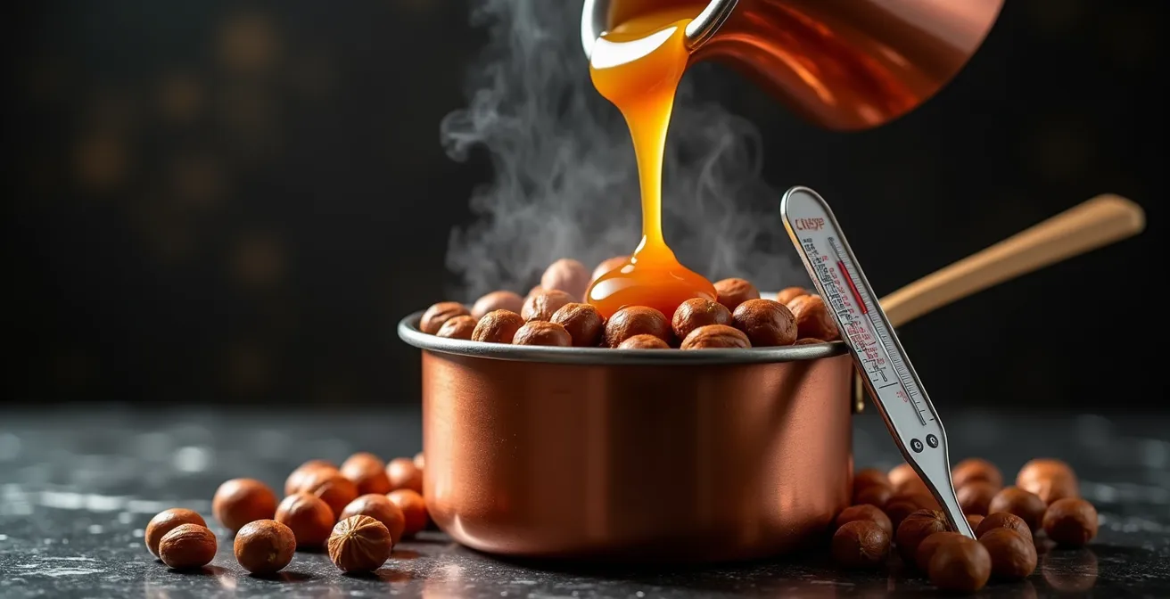 A copper pot showing golden caramel syrup flowing over roasted hazelnuts, with a candy thermometer resting on the edge.