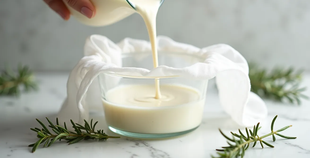 Fresh herbs being strained from warm cream through cheesecloth