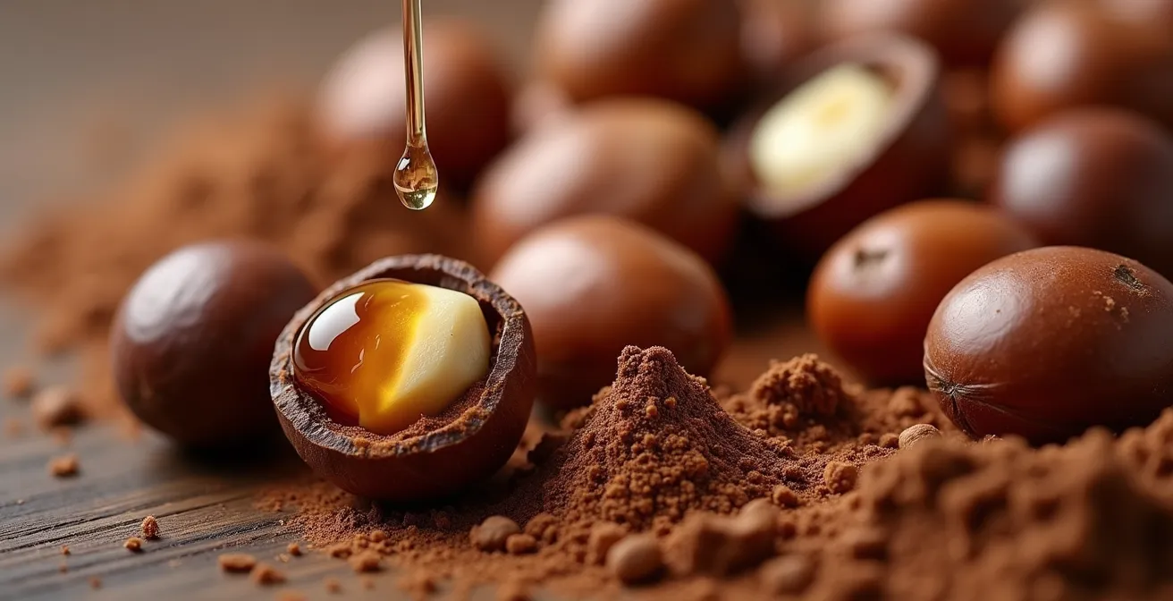 Macro photography of fresh hazelnuts and pure cocoa powder showcasing natural ingredients