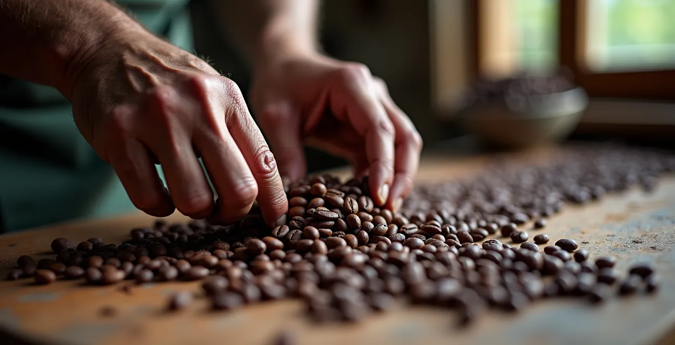 Chocolate maker's hands carefully sorting and inspecting raw cacao beans