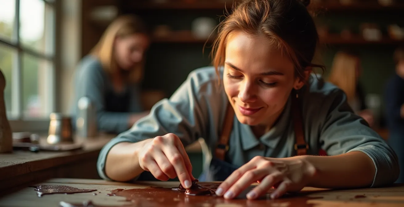 Chocolatier's focused expression while tempering chocolate