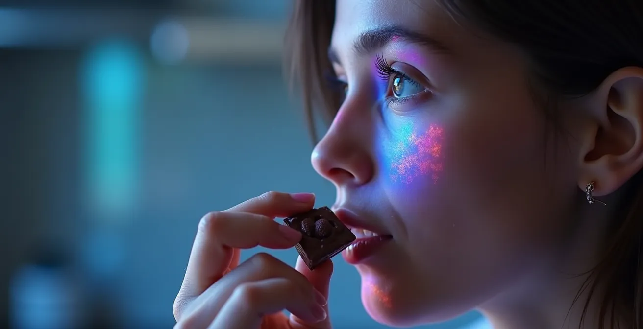 Person experiencing 3D printed chocolate with subtle digital enhancement visualization
