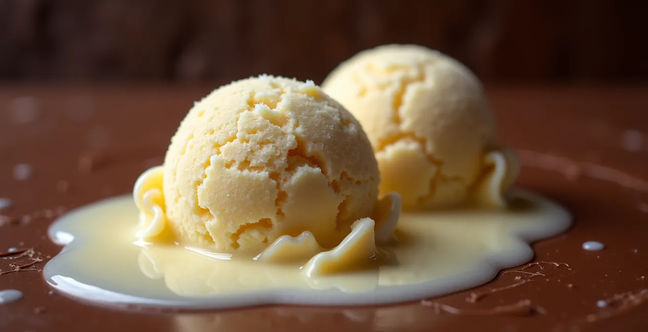 Macro view of ice cream melting on a chocolate surface showing texture differences