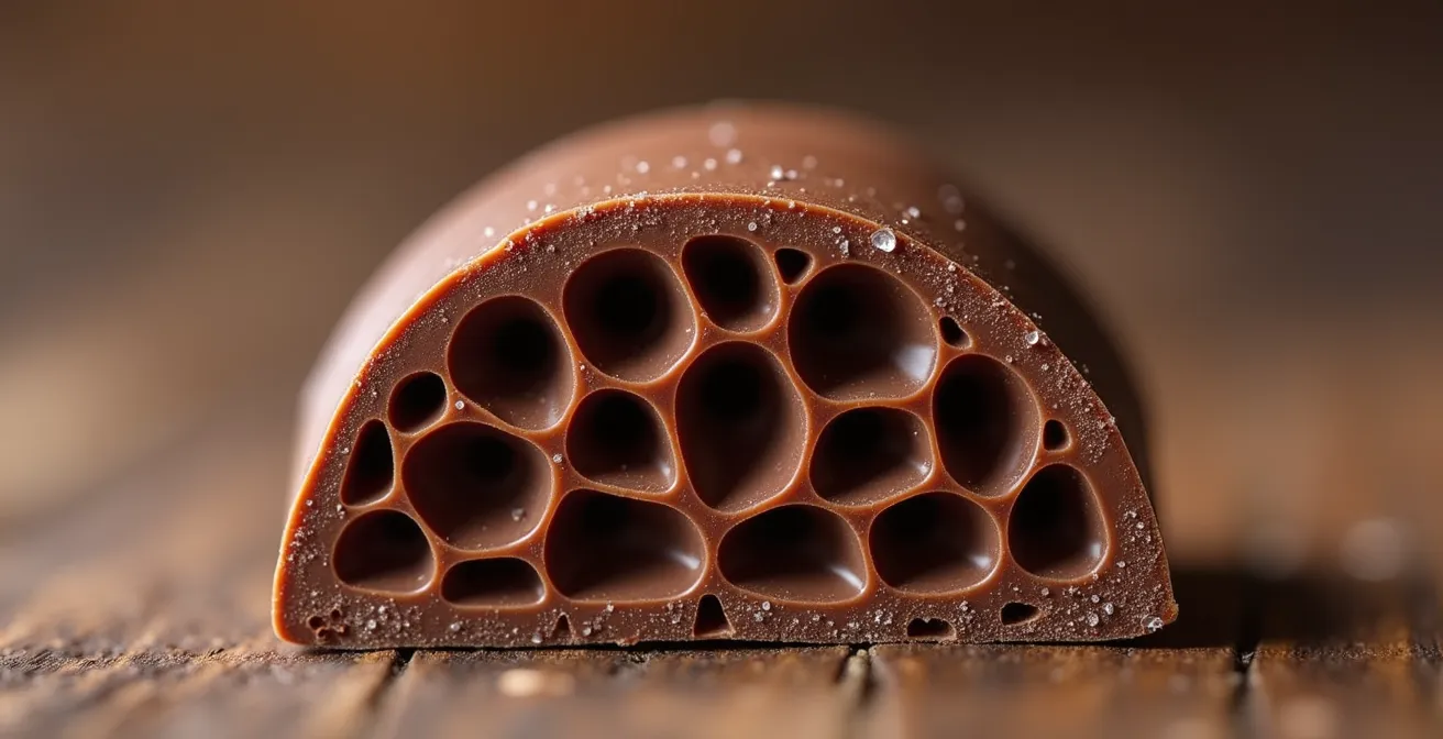 Extreme close-up of 3D printed chocolate internal structure showing engineered texture patterns