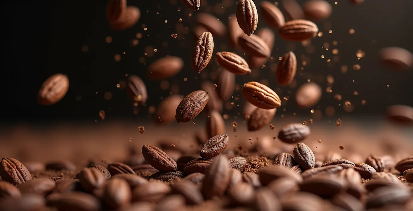 Extreme close-up of cocoa nibs being separated from husks with visible airflow patterns