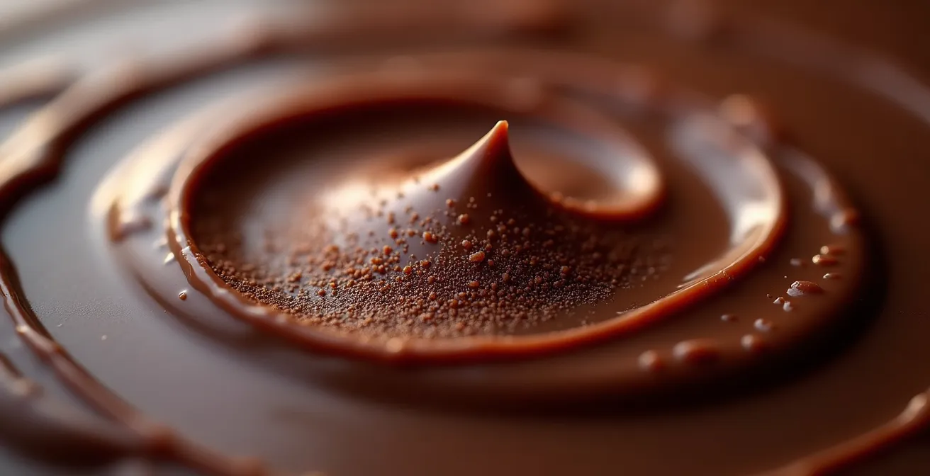 Extreme macro view of ganache texture showing sugar crystal integration