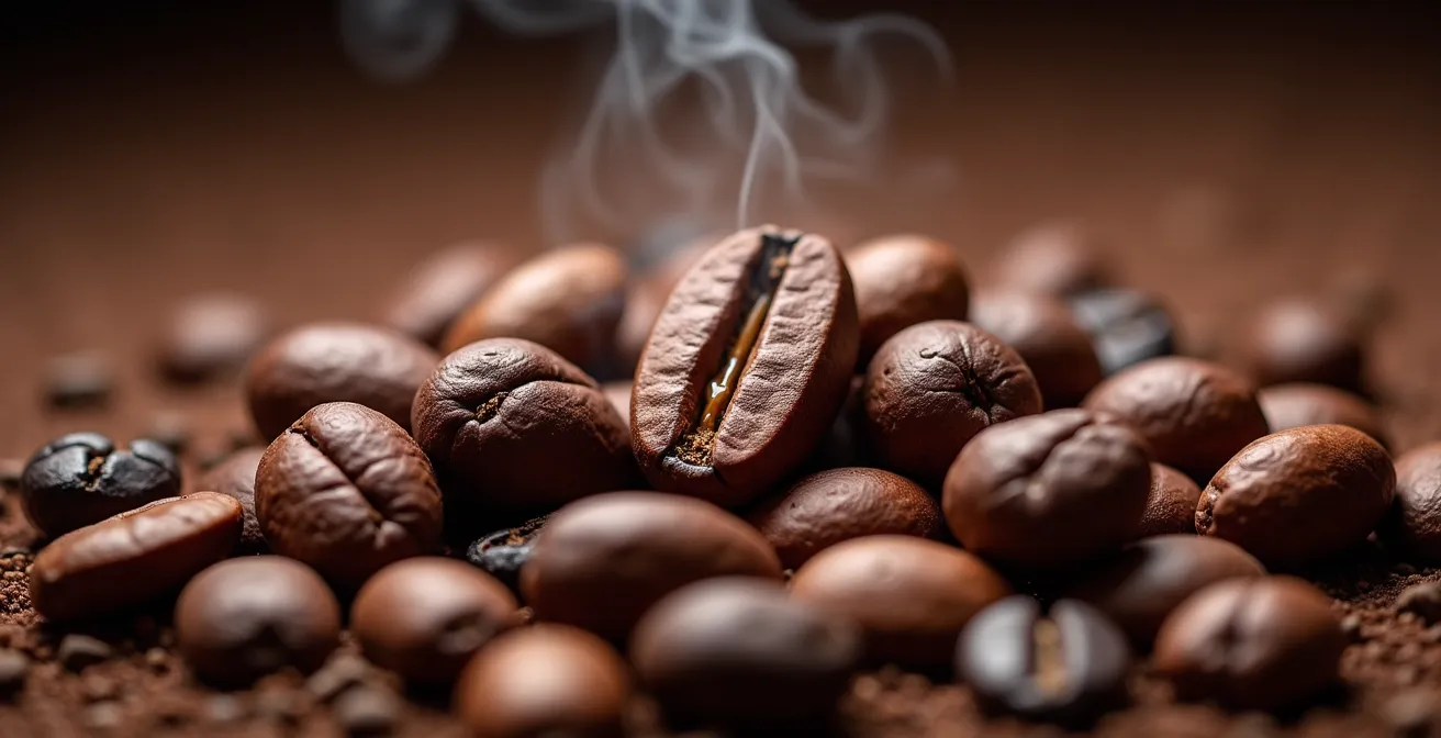 Extreme close-up of cacao beans showing texture and color variations during roasting