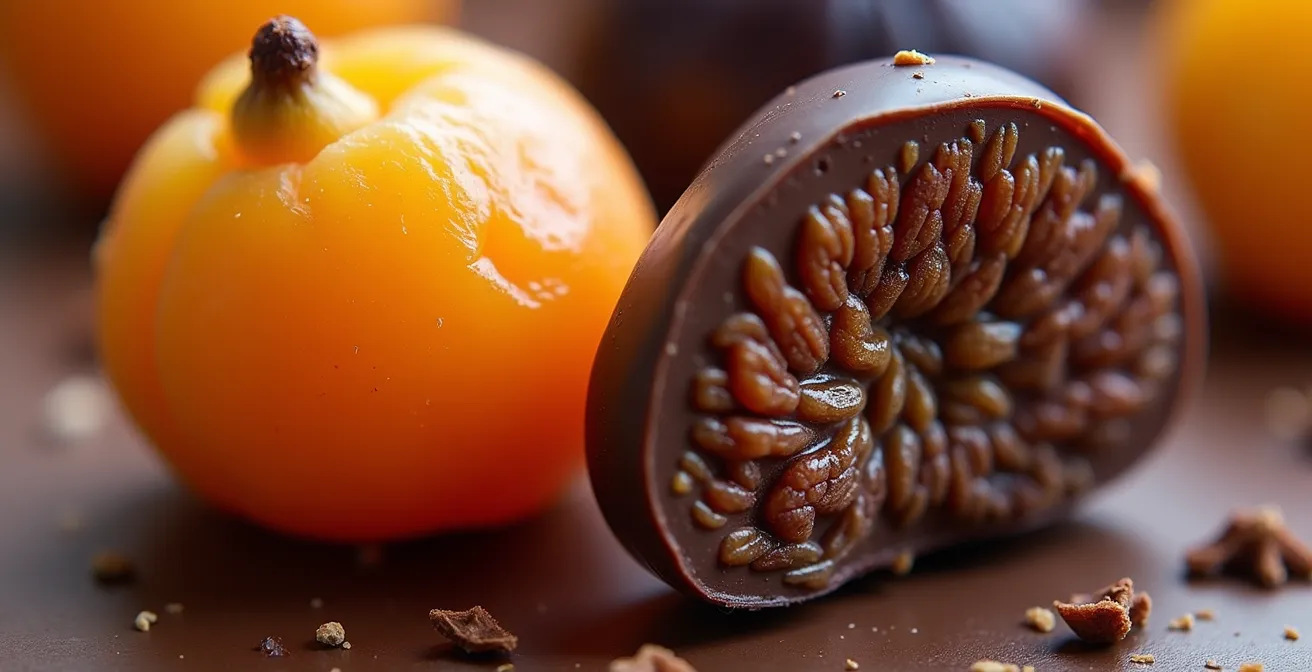 Macro view comparing apricot and fig textures with dark chocolate