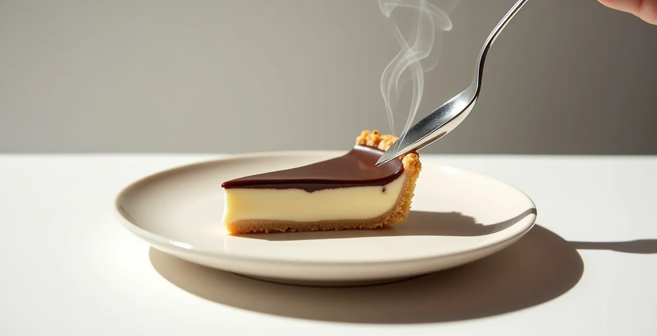 Close-up of melting almond cream texture in chocolate tart