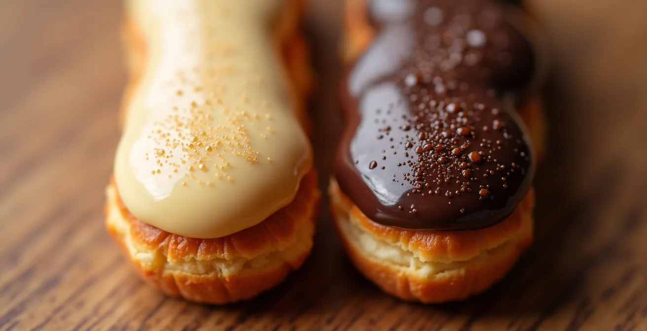 Side-by-side comparison of fondant and ganache glazed éclairs showing the smooth, porcelain-like texture of fondant versus the rich, velvety shine of ganache.