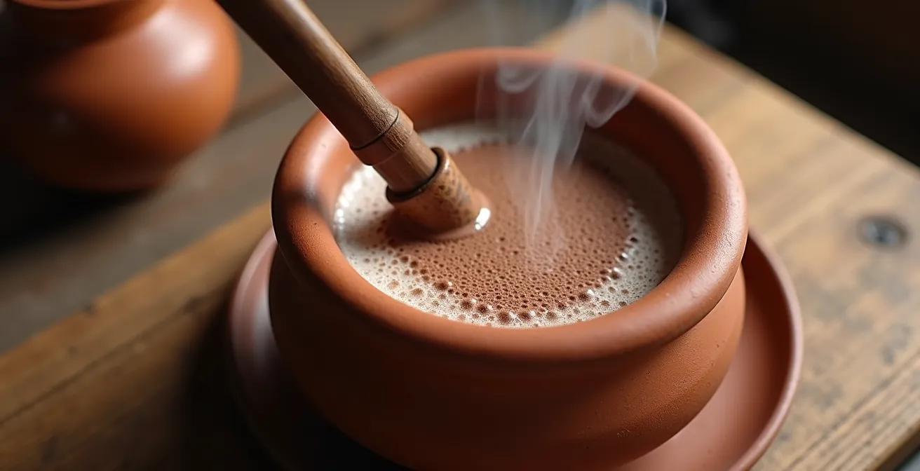 Traditional wooden molinillo creating foam patterns in rich hot chocolate