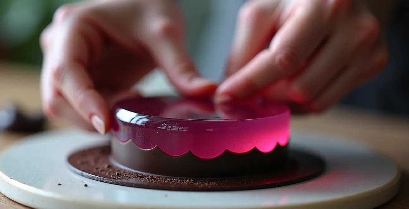 Vibrant natural color contrasts in entremet layers using berries and activated charcoal