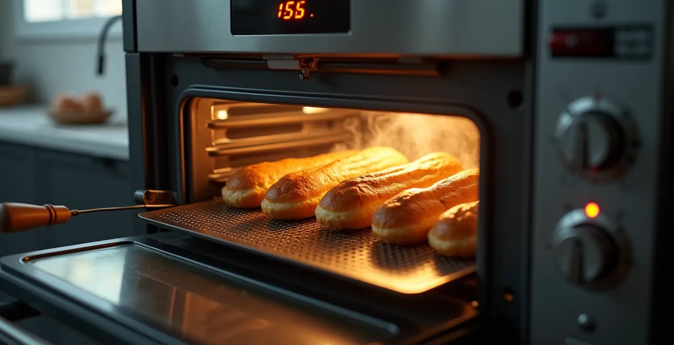 Oven with door slightly ajar showing golden eclairs with steam escaping