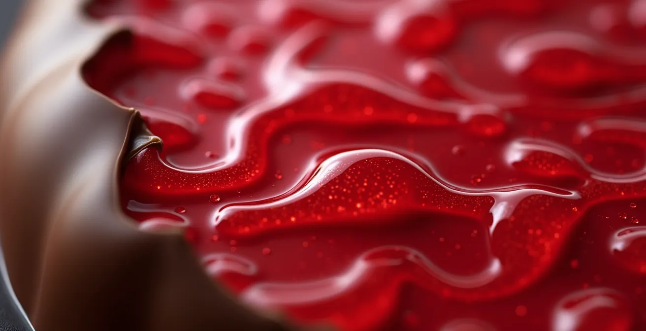 Macro view of pectin gel structure in fruit coulis