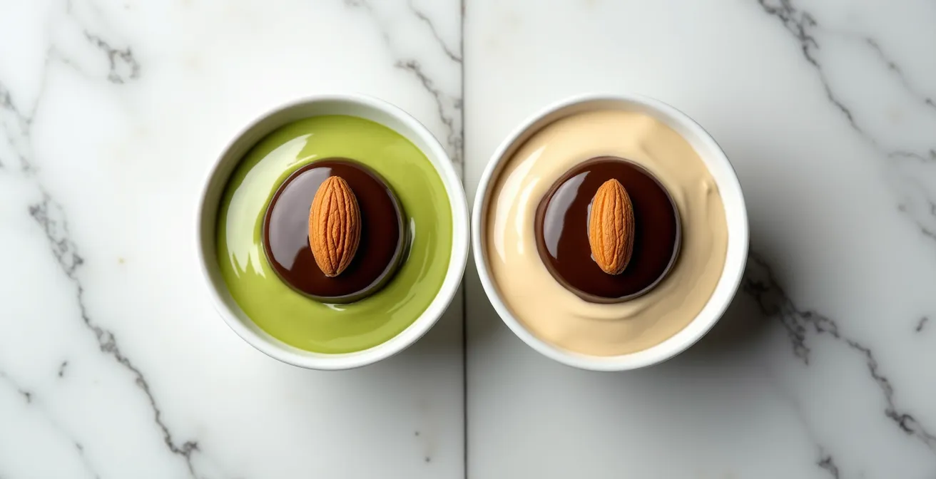 Side-by-side comparison of pistachio and almond creams with dark chocolate