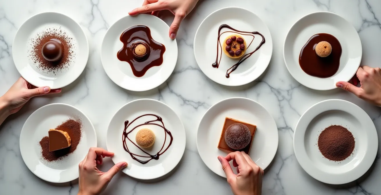 Professional kitchen counter with pre-plated chocolate desserts arranged for service, showing a streamlined assembly line.