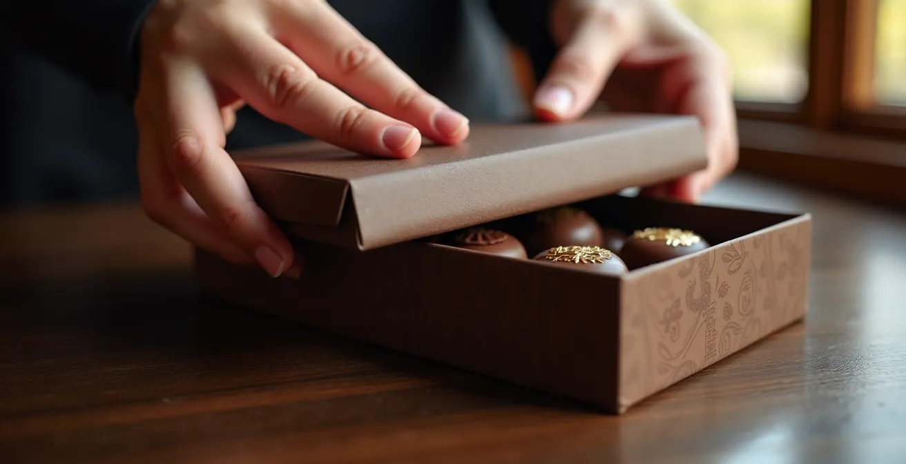 Close-up of elegant chocolate packaging showing textured paper, embossed patterns, and subtle metallic accents