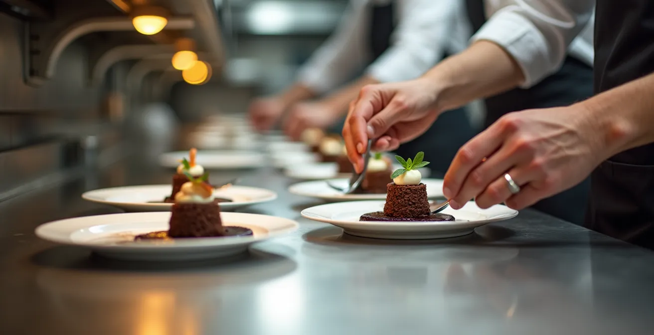 Professional kitchen plating station with multiple chefs assembling chocolate desserts