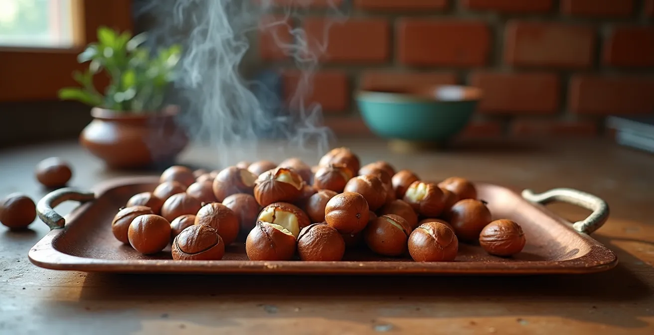 Golden roasted Piedmont hazelnuts spread on a cooling tray, showing perfect caramelization and delicate steam rising.