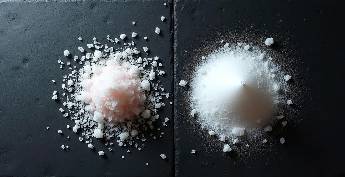 Visual comparison of sea salt flake structure versus fine table salt crystals
