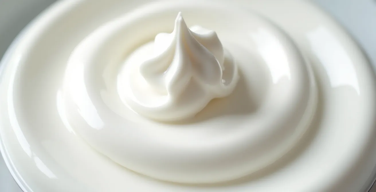 Macro shot of soft peaked whipped cream showing ideal texture for mousse folding