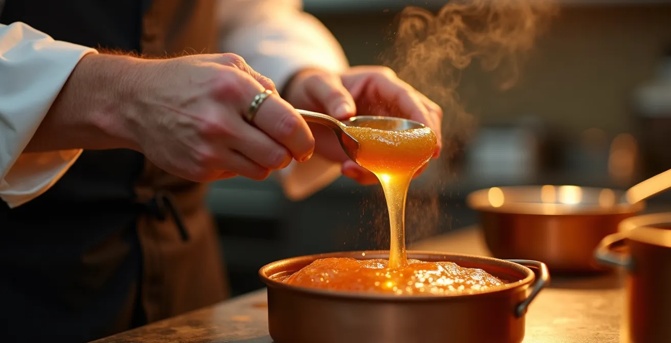 Professional pastry chef demonstrating hot water rescue method for crystallized caramel