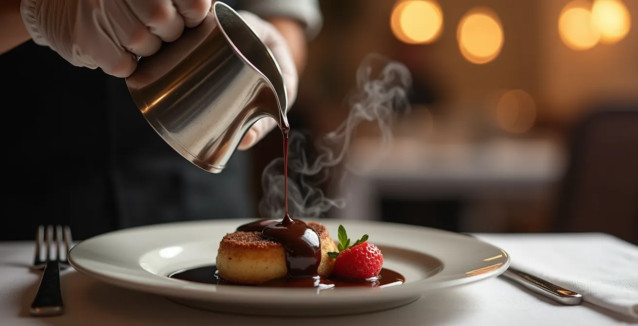 A server pouring warm chocolate sauce over a plated dessert at tableside