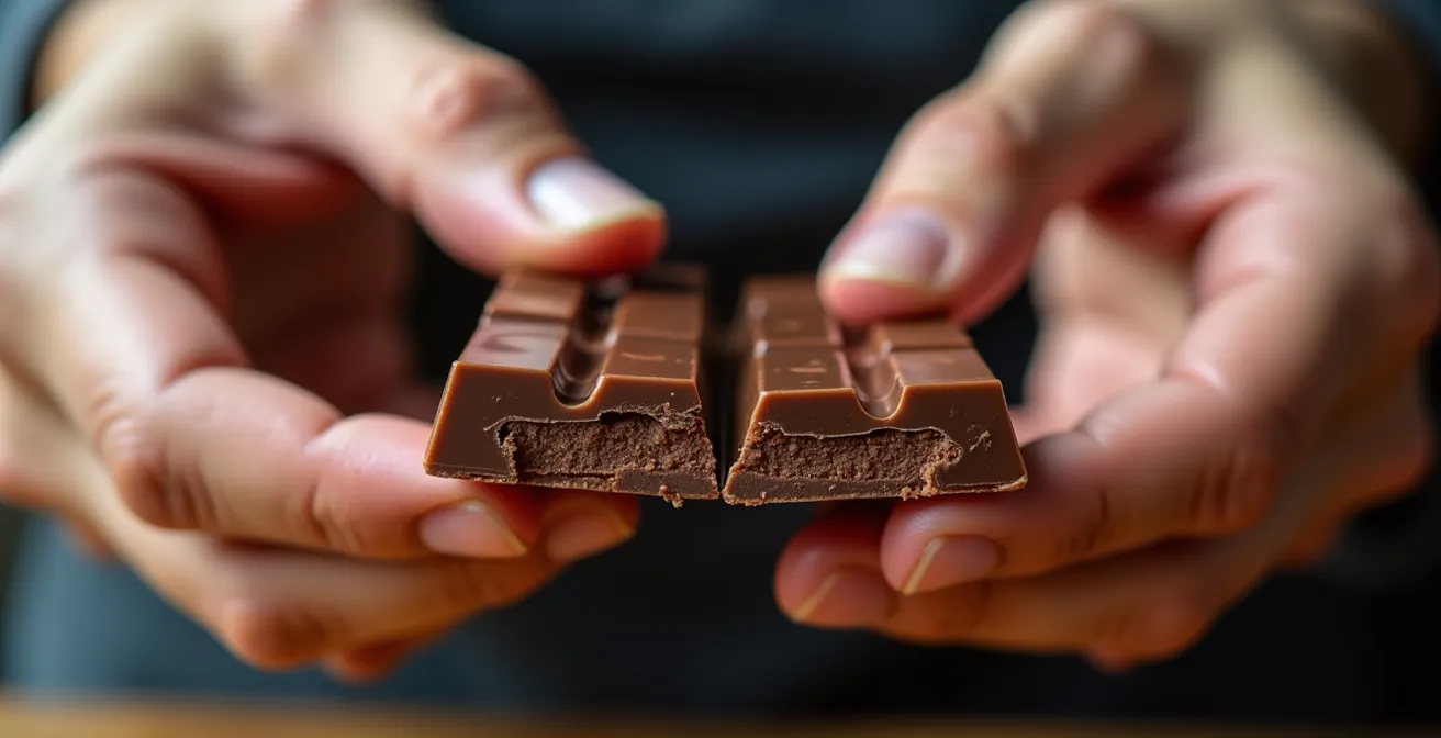 High-speed capture of chocolate bar breaking showing clean fracture lines and crystal structure