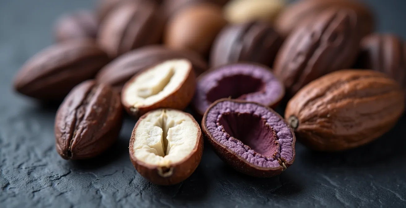 Macro photograph of Trinitario cocoa bean cross-section showing mixed purple and white cotyledons