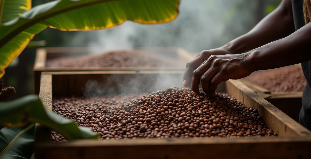 Traditional wooden fermentation boxes filled with Trinitario cocoa beans covered with banana leaves