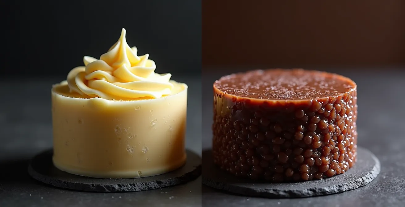 Side-by-side comparison of whipped and crystallized chocolate ganache microstructures