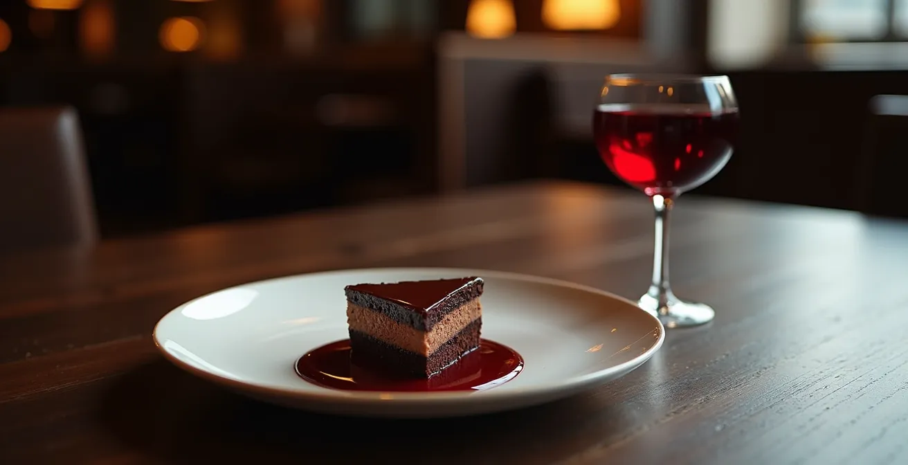 A glass of port wine beside a plated chocolate dessert with complementary garnishes